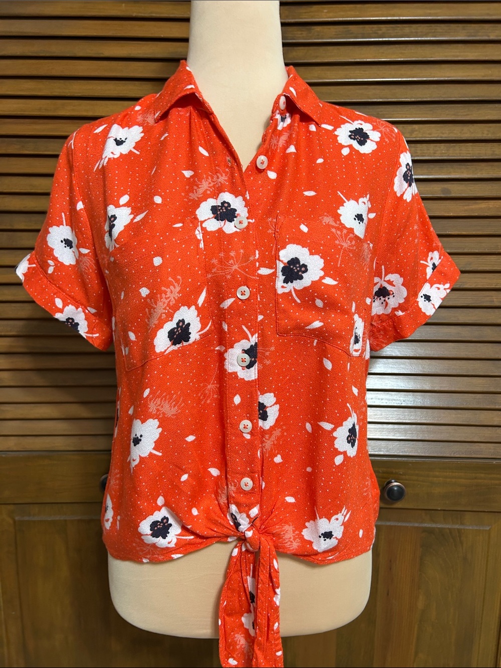 Harper Heritage Orange Poppy Print Tie Front Crop Top Blouse Size S